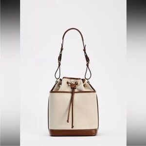 Zara Canvas Contrasting Bucket Shoulder Bag with Brown Trim NWT
